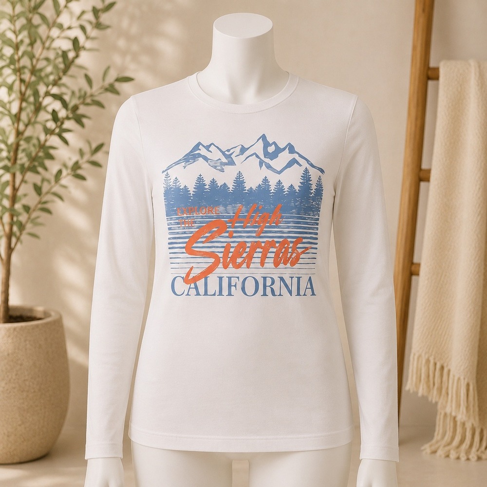 NWT Original Use Graphic T-Shirt XS Cream Explore High Sierras California